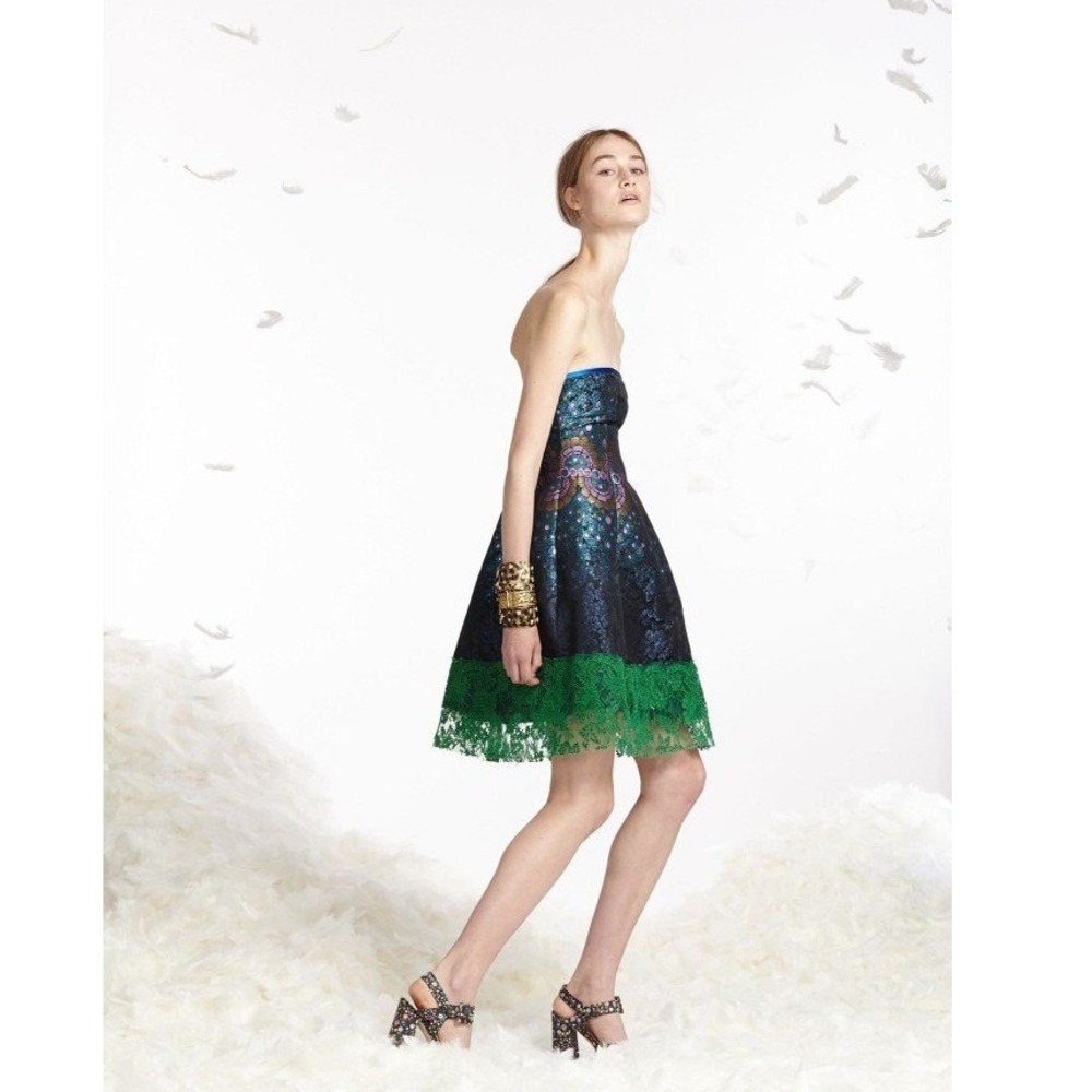 Cynthia Rowley Strapless Dress Peacock Jacquard Pockets Size 6 Fairy Gala Party